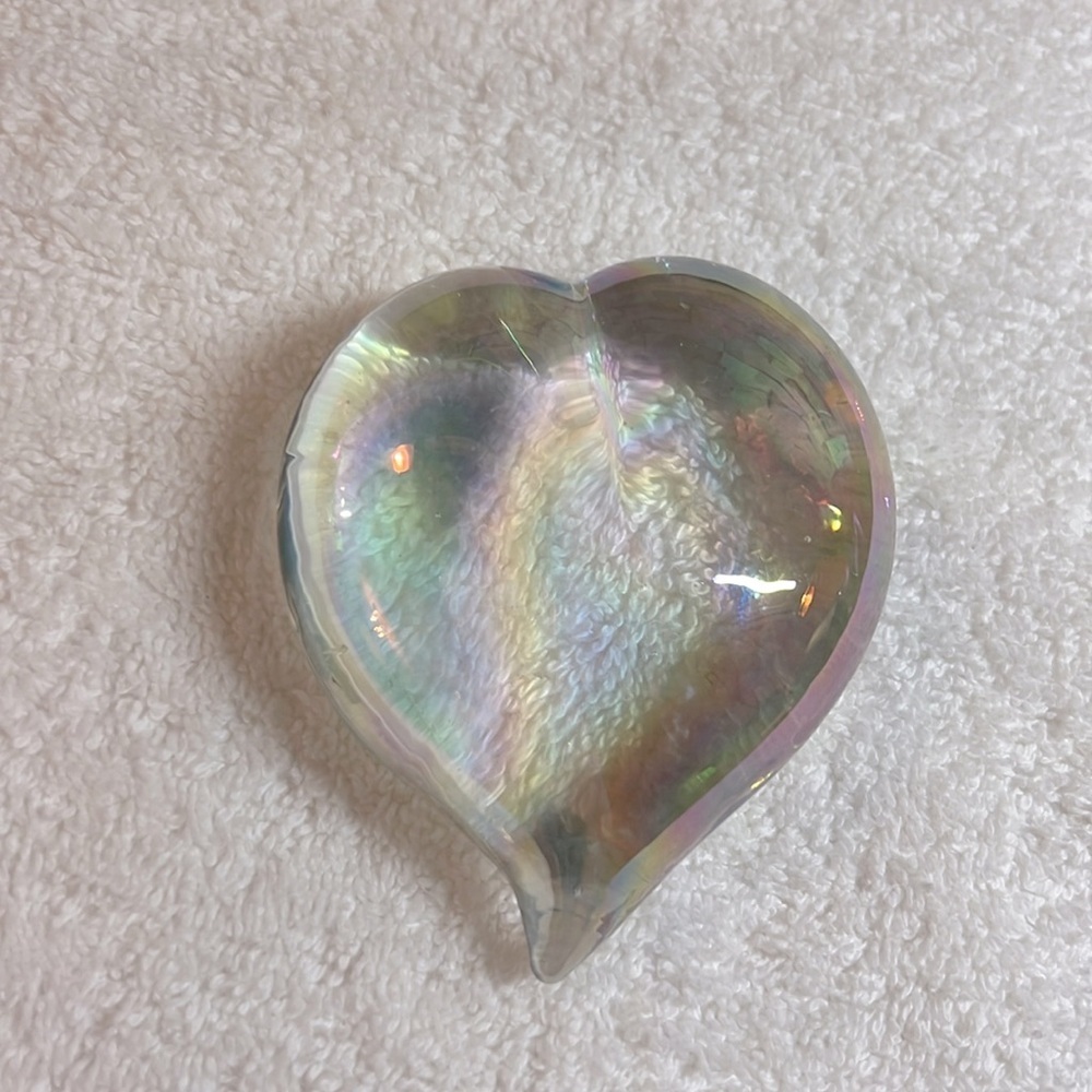 Iridescent clear glass heart paper weight